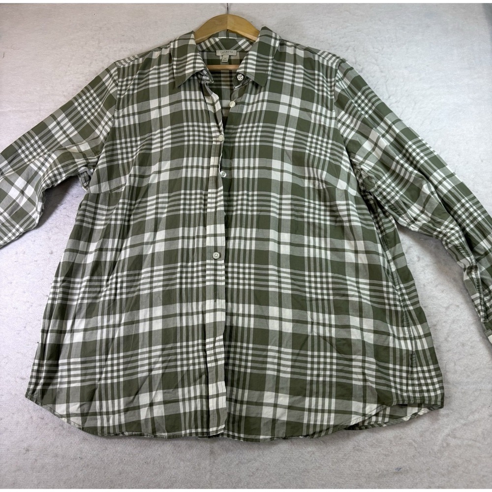 Talbots Button Up Shirt Green Cream Plaid Womens 1X Gorpcore Outdoor